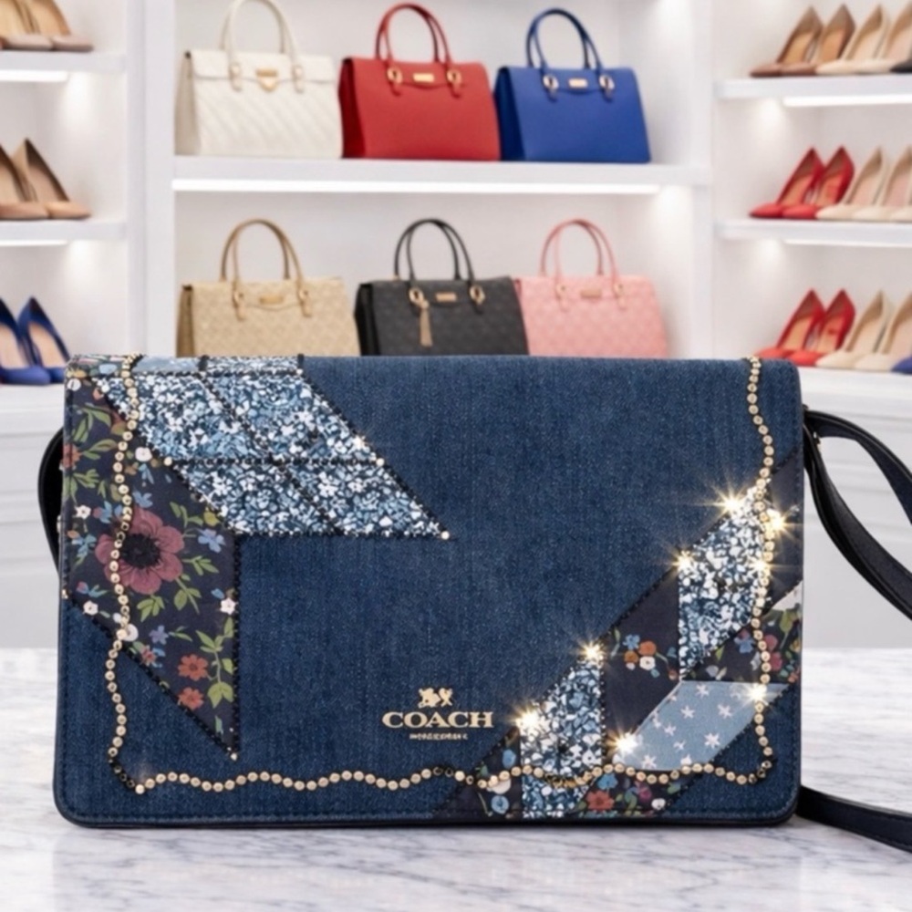 Coach Denim Patchwork Crossbody with Floral and Glitter Accents